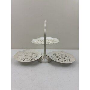3 Tier Painted White Metal Folding Serving Dessert Tray Filigree Design Vintage